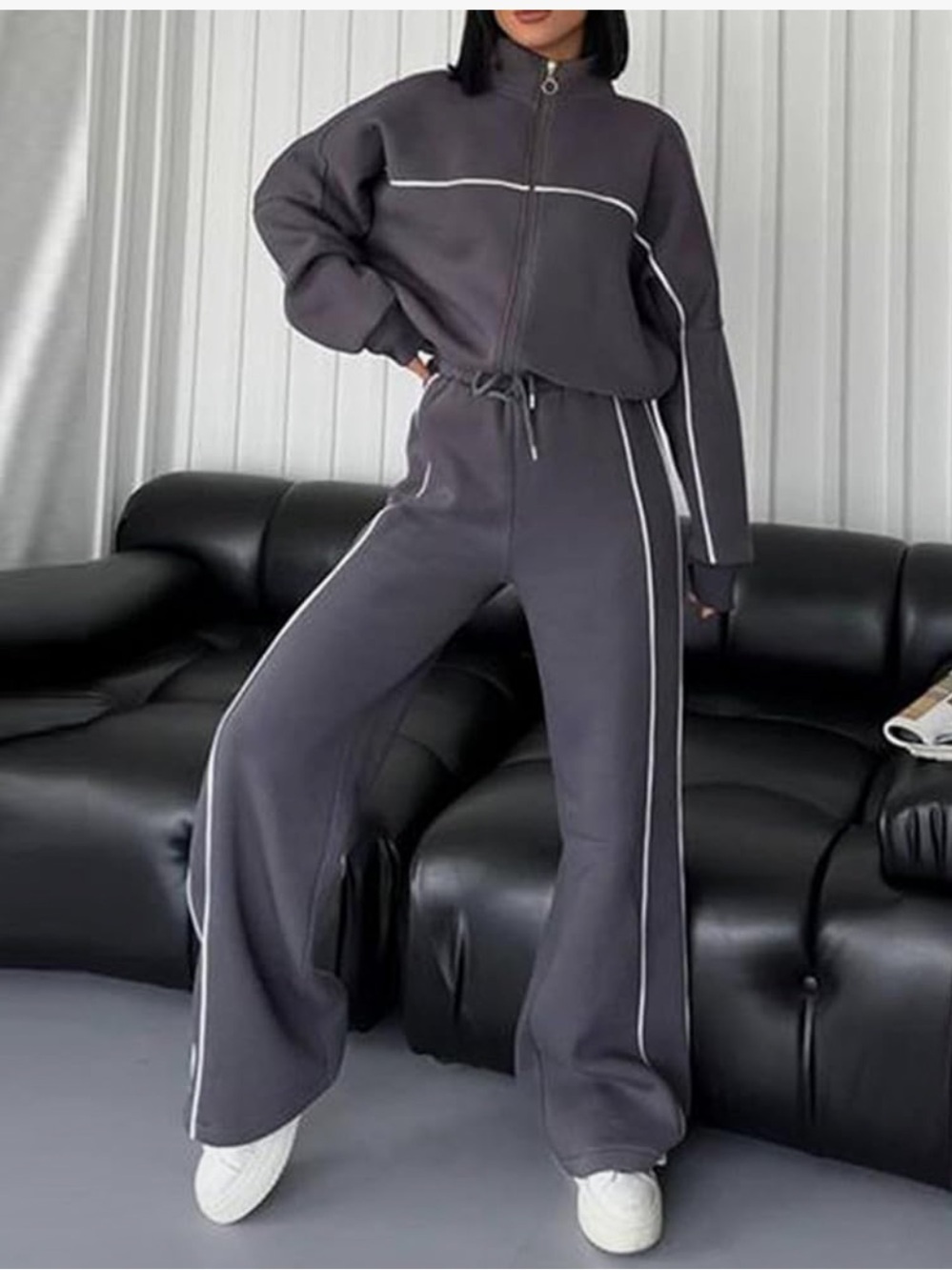 Y2K Charcoal Gray Piped Tracksuit - Matching Zip-Up & Wide Leg Joggers | Size L